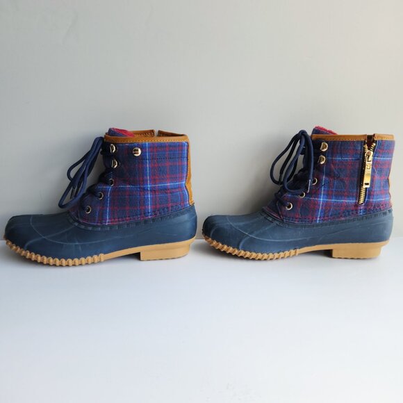 Tommy Hilfiger ROAN Size 9 Navy Plaid Lace Up Duck Boot Faux Fur Lined Rain Boot - Picture 4 of 11